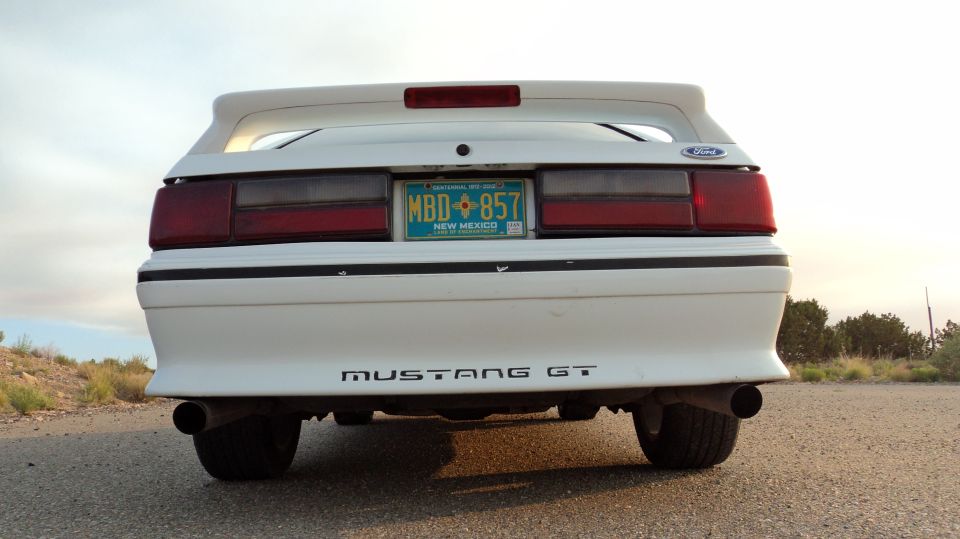 1989 Ford Mustang GT rear view with New Mexico license plate MBD-857