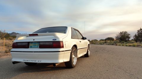 1989 Ford Mustang - Rear view of a white 1989 Ford Mustang GT with a spoiler and custom plate.
