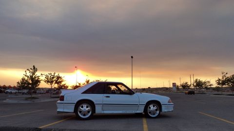 1989 Ford Mustang - A white 1989 Ford Mustang GT is parked in a lot as the sun sets in the background.