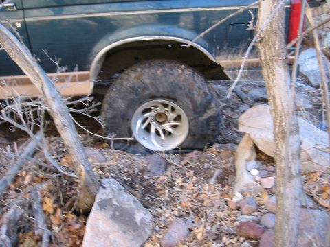 1994 Ford Bronco - This vehicle has a flat tire and is stuck in a rough, off-road environment with trees and rocks.
