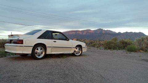 1989 Ford Mustang - White 1989 Ford Mustang coupe parked on a dirt road during golden hour.