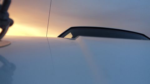 1989 Ford Mustang - The hood scoop and body lines of a 1989 Ford Mustang are visible against a sunset sky.
