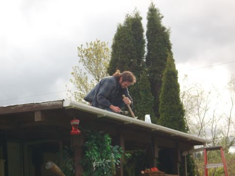 1989 Ford Probe - A man works on a house gutter system under an overcast sky, with tall evergreen trees in the background.