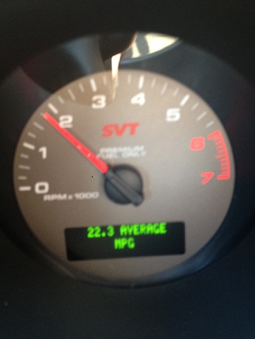 2007 Ford Mustang - SVT tachometer with average MPG displayed on the trip computer.