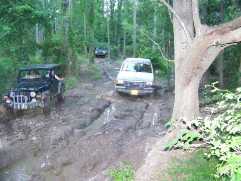 1985 Ford Bronco - Multiple vehicles navigate a muddy trail through a dense forest.