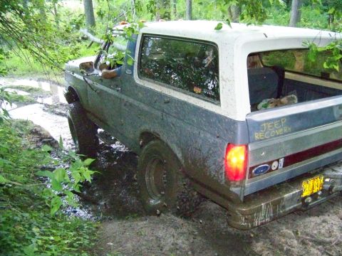 1985 Ford Bronco - Ford Bronco stuck in mud on a wooded trail, with "JEEP RECOVERY" written on the tailgate.