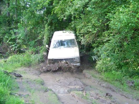 1985 Ford Bronco - A white van navigates a muddy trail surrounded by dense foliage.