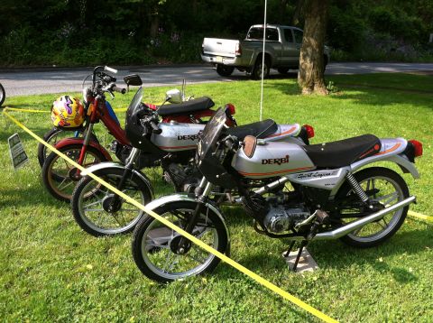 1981 Garelli Rally Sport - Several mopeds are displayed on a grassy area with a pickup truck in the background.
