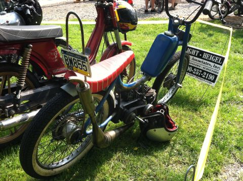 1981 Garelli Rally Sport - A blue and red moped is parked on the grass next to another moped, with a license plate and helmet visible.
