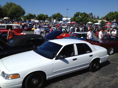 2004 Ford Crown Victoria - A white 2004 Ford Crown Victoria is seen at a car show with many other vehicles present.
