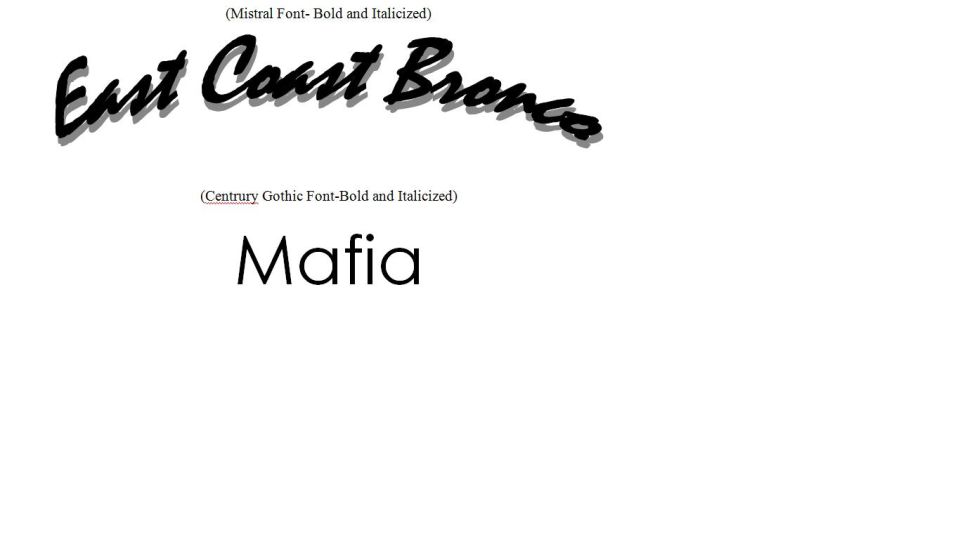 Document with "East Coast Bronco Mafia" text