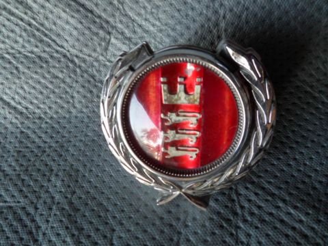1973 Ford Ranchero - This emblem features a red background with three silver lions and a crown, set within a laurel wreath.