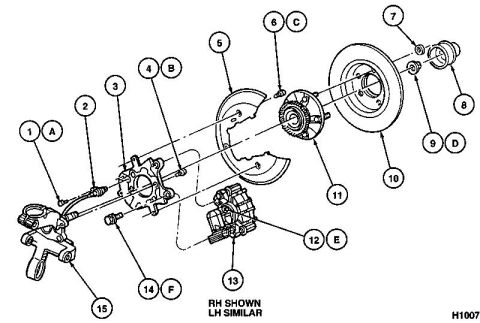 1999 Ford Taurus - Exploded parts diagram of a front hub, rotor, and brake assembly with numbered and lettered component callouts.