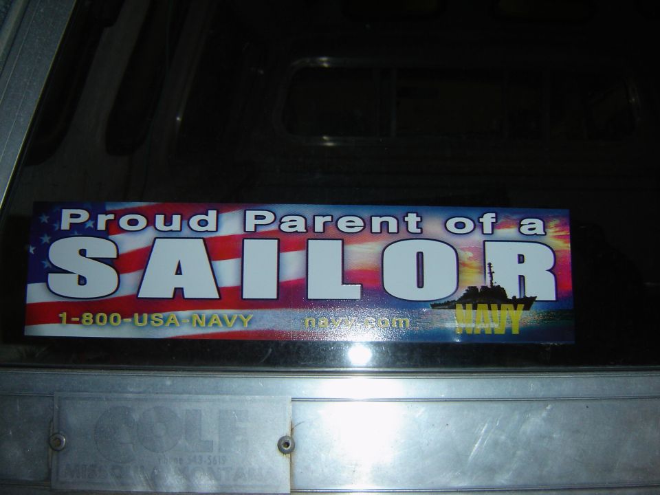 Proud Parent of a Sailor bumper sticker with US flag and Navy ship