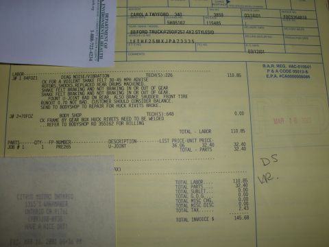 1988 Ford F-250 - A vehicle repair invoice details labor and parts, with a stamped date of March 16, 2001.