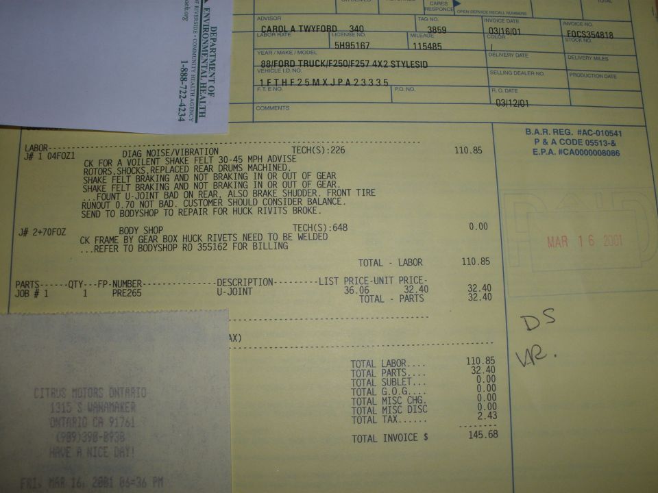Repair invoice with handwritten notes and stamped date