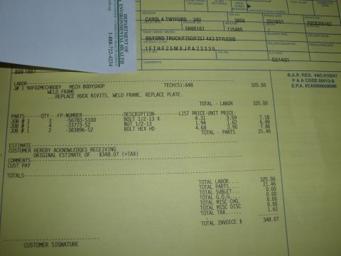 1988 Ford F-250 - This document details a repair invoice for frame work on a 1988 Ford F-250 truck, including parts and labor costs.