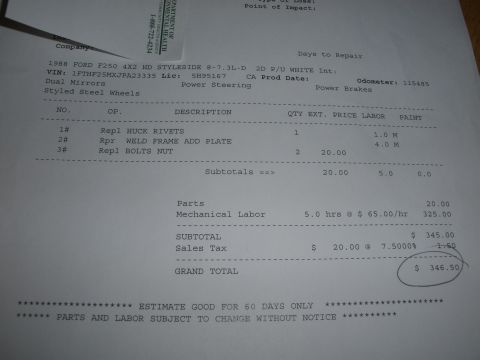1988 Ford F-250 - Invoice details parts and labor for a 1988 Ford F-250, including frame repair and parts replacement of rivets and bolts.