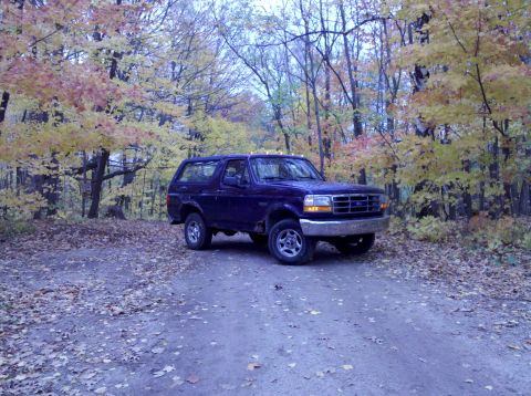 1995 Ford Bronco - A Ford Bronco sits on a dirt road surrounded by trees with fall foliage.