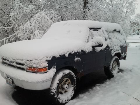 1995 Ford Bronco - A dark blue 1995 Ford Bronco sits covered in snow during a winter storm.