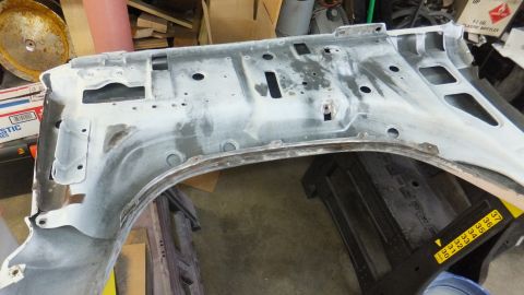 1983 Ford Bronco - Inner fender structure, likely for a Ford Bronco, appears to be prepped for repair or restoration.