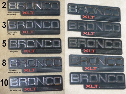 1983 Ford Bronco - Bronco XLT Fender Badges IF THE IMAGE IS TOO SMALL, click it. The numbers are how I rate them as used parts. The R column is just another a…
