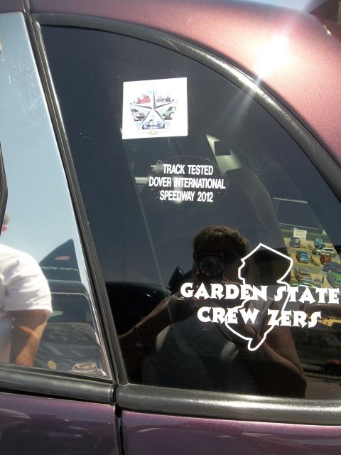 2005 Chrysler PT Cruiser - Stickers on a car window show 'Track Tested Dover International Speedway 2012' and 'Garden State Crewzers'.