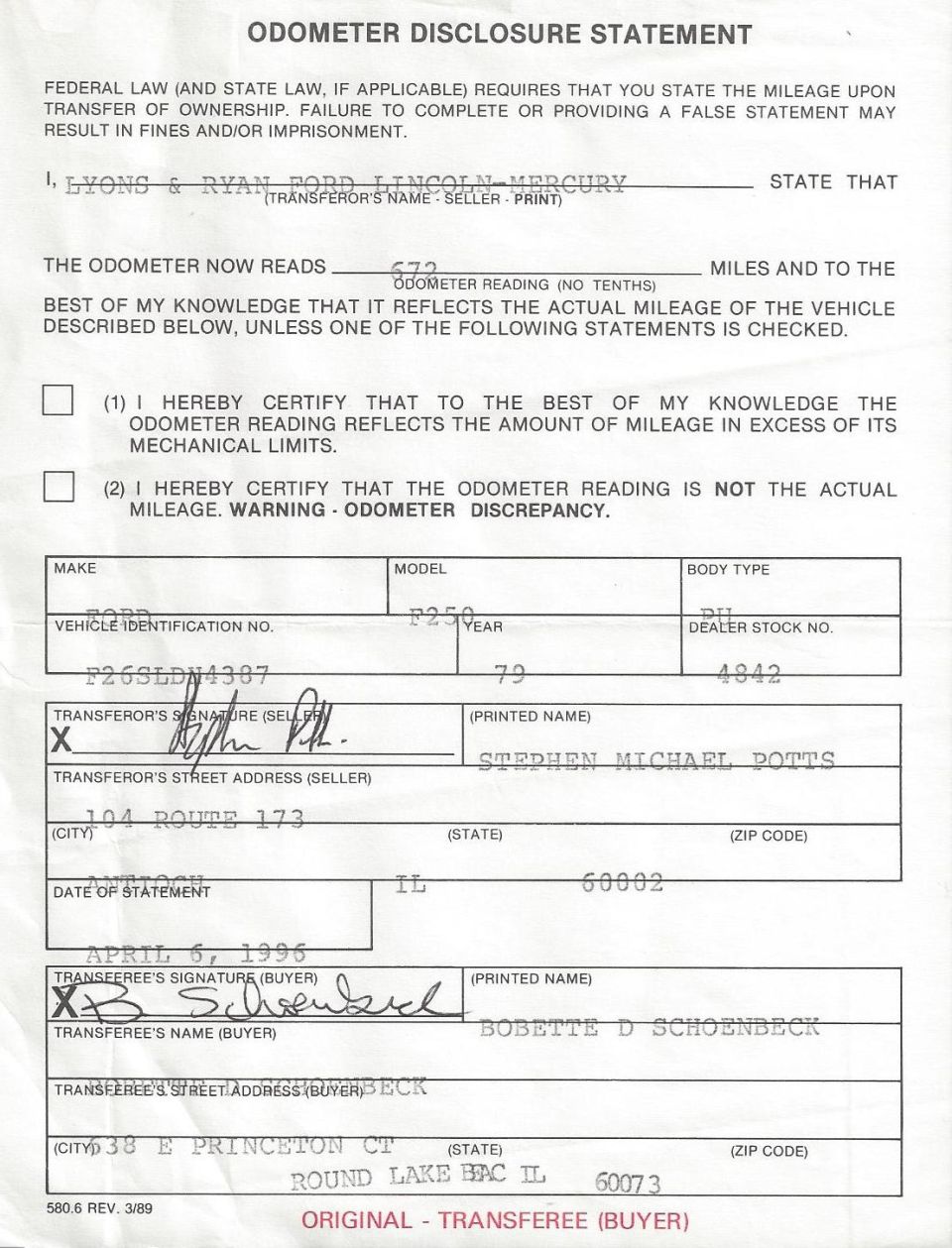 Odometer disclosure statement document with fields for make, model, year, VIN, seller and buyer information