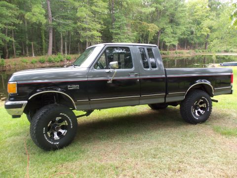 1989 Ford F-150 - This 1989 Ford F-150 pickup truck is shown in a side profile, a dark gray and black two-tone paint scheme.