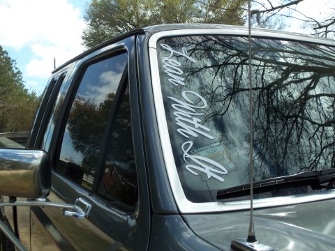 1989 Ford F-150 - Passenger side view of a gray 1989 Ford F-150 pickup truck, a custom decal on the windshield.
