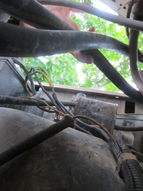 1982 Ford Bronco - Engine bay detail showing hoses and wiring. Hand is visible near the top hoses.