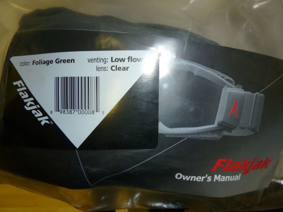 Flakjak goggles in packaging with color and venting information