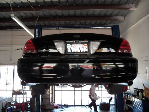 2003 Ford Crown Victoria - Close rear view of a black Ford sedan on a lift showing an SVT badge and California plate EVTL VTC