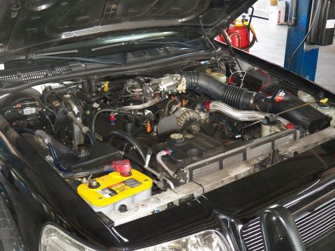 2003 Ford Crown Victoria - Engine compartment of a black Ford showing chrome intake tube and yellow-top battery
