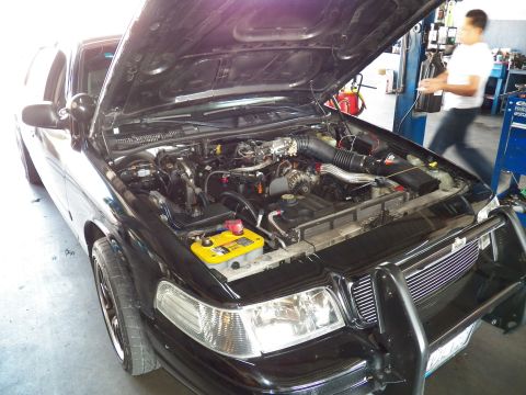 2003 Ford Crown Victoria - Open engine bay of a black Crown Victoria, brush guard at front, technician in background