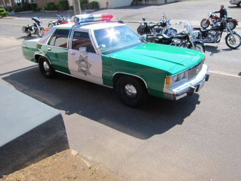 1991 Ford LTD Crown Victoria - green-and-white Ford sheriff sedan with a sun glaring off its windshield is parked in a lot with motorcycles and a man standing behind.