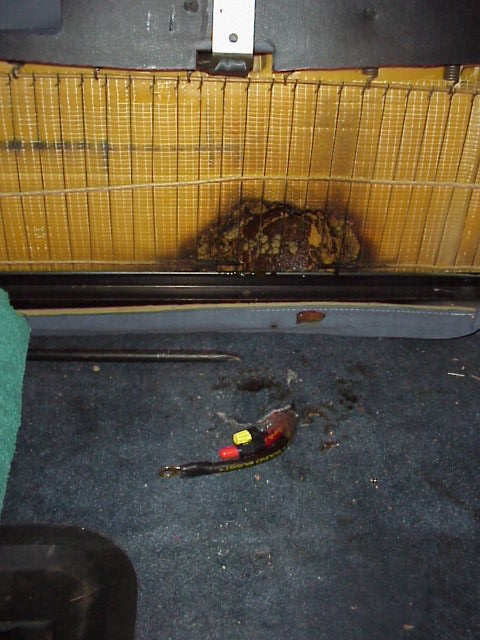 1989 Ford Bronco - The interior of a vehicle shows significant damage to the seat upholstery and debris scattered on the floor, including a broken electrical…