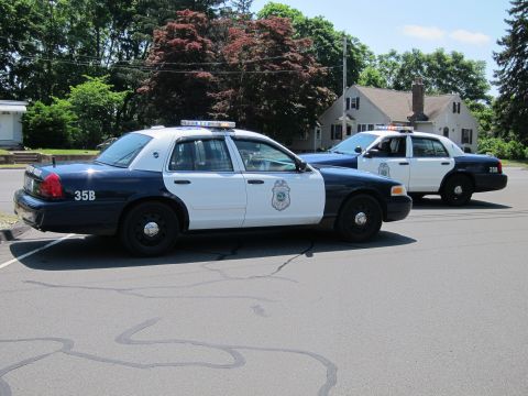 1991 Ford LTD Crown Victoria - Two blue-and-white police cruisers, one marked 35B, parked on asphalt near trees and a house.