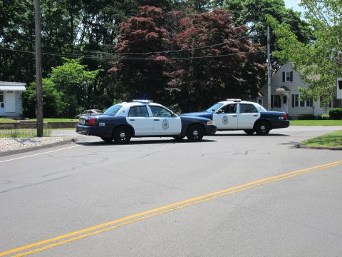 1991 Ford LTD Crown Victoria - Two police cruisers marked 358 parked nose-out across a residential street lined with trees.