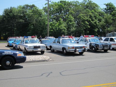 1991 Ford LTD Crown Victoria - long row of varied police cars, including a Traffic Supervisor cruiser, lined up at a roadside show.