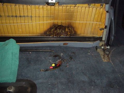 1989 Ford Bronco - Damage to the interior of a vehicle's seat and carpet.