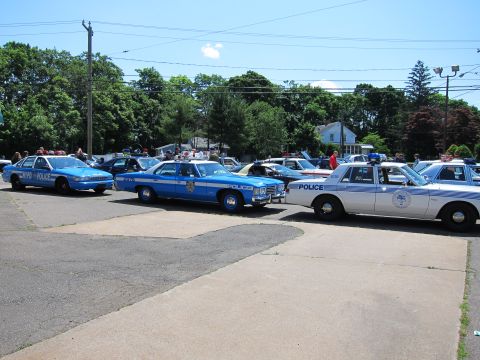 1991 Ford LTD Crown Victoria - row of vintage blue and silver Police sedans lined up nose-out on pavement at a car show.