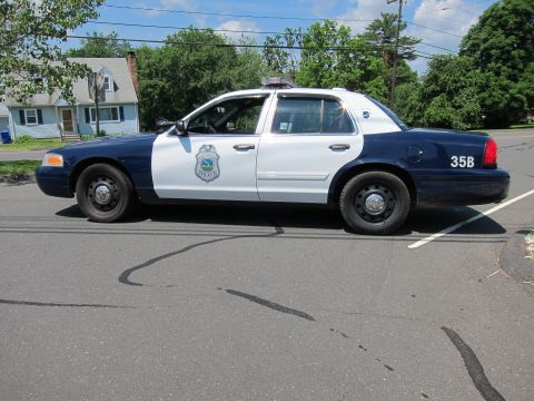 1991 Ford LTD Crown Victoria - Side profile of a blue-and-white police cruiser marked 35B parked on a street in a neighborhood.