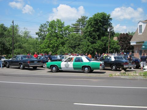 1991 Ford LTD Crown Victoria - green-and-white police cruiser parked among classic cars and other vehicles lining a tree-shaded street.