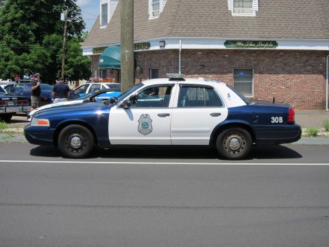 1991 Ford LTD Crown Victoria - blue-and-white police Crown Victoria marked unit 30B shown in profile, parked along a road beside a brick building.