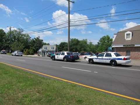 1991 Ford LTD Crown Victoria - line of police cruisers parked single-file along a roadside beneath a tall utility pole and blue sky.