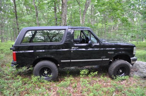 1995 Ford Bronco - A black Ford Bronco SUV is parked on a wooded trail, showing its side profile.