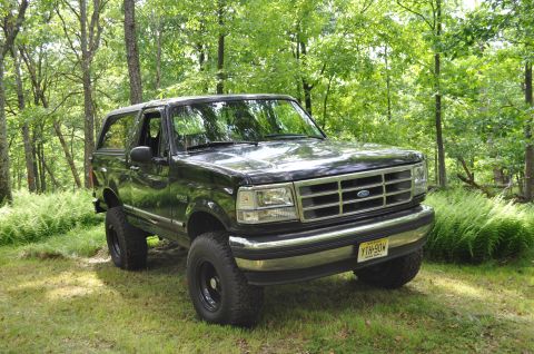 1995 Ford Bronco - A black Ford Bronco is parked on a grassy area surrounded by trees and foliage.