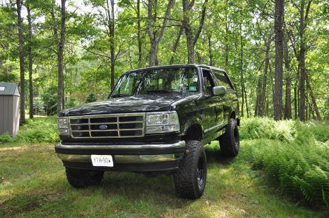 1995 Ford Bronco - A black Ford Bronco sits in a grassy clearing surrounded by trees, its lifted suspension visible.