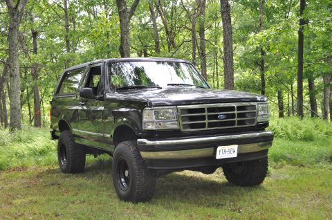 1995 Ford Bronco - A black Ford Bronco is parked on a grassy area surrounded by trees.